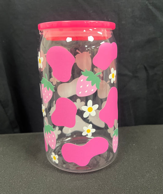 Pink Strawberry and Cow Print Plastic Cup w/ BRIGHT PINK Lid RTS