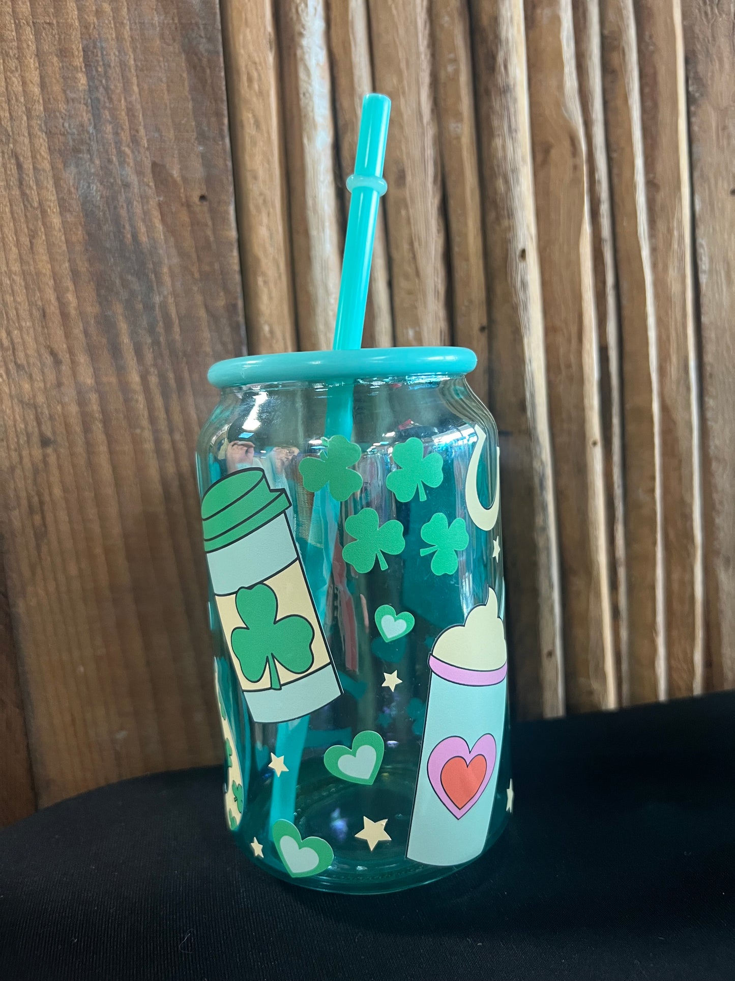 Coffee Cups and Clovers Green Glass