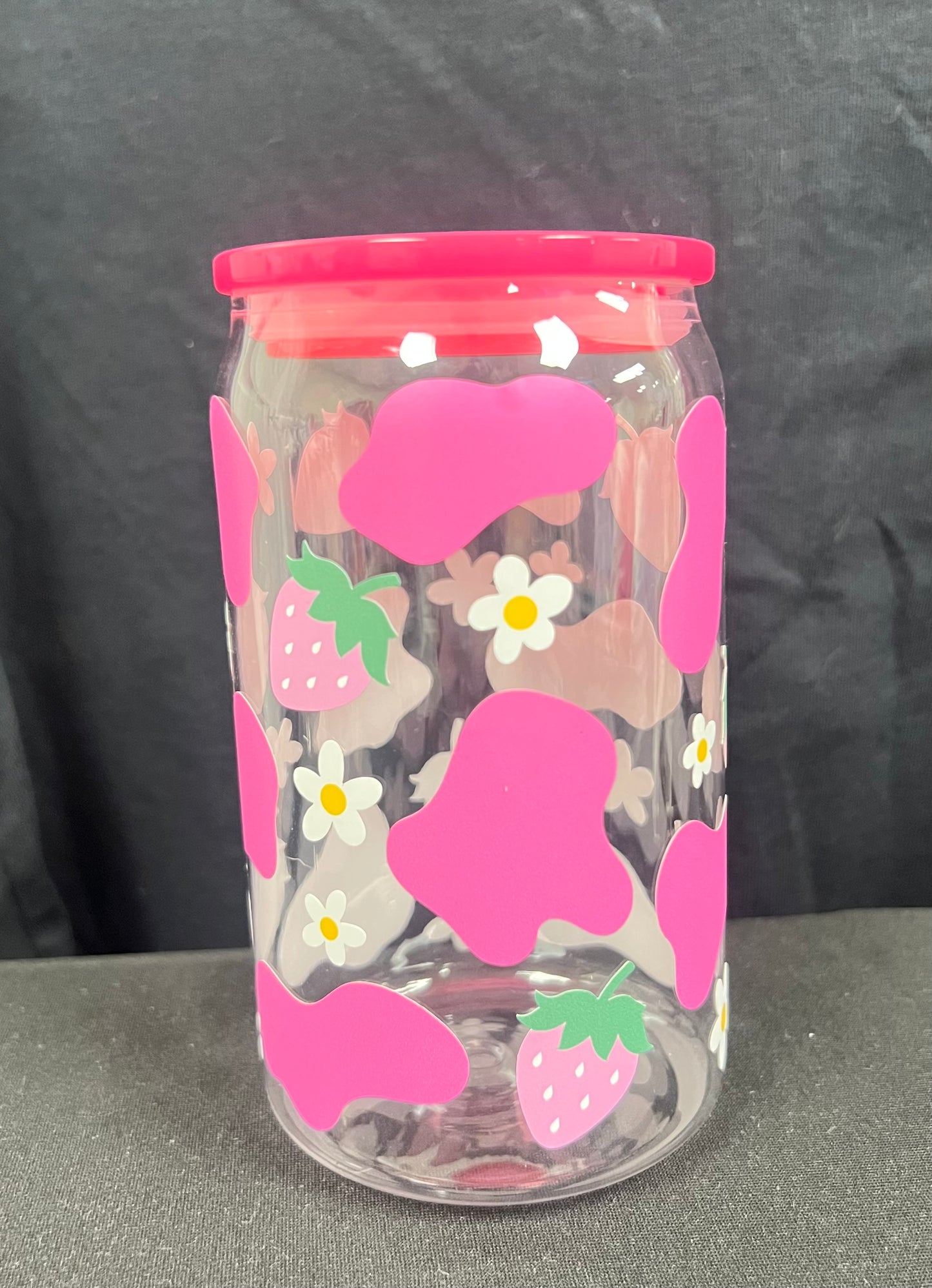 Pink Strawberry and Cow Print Plastic Cup w/ BRIGHT PINK Lid RTS