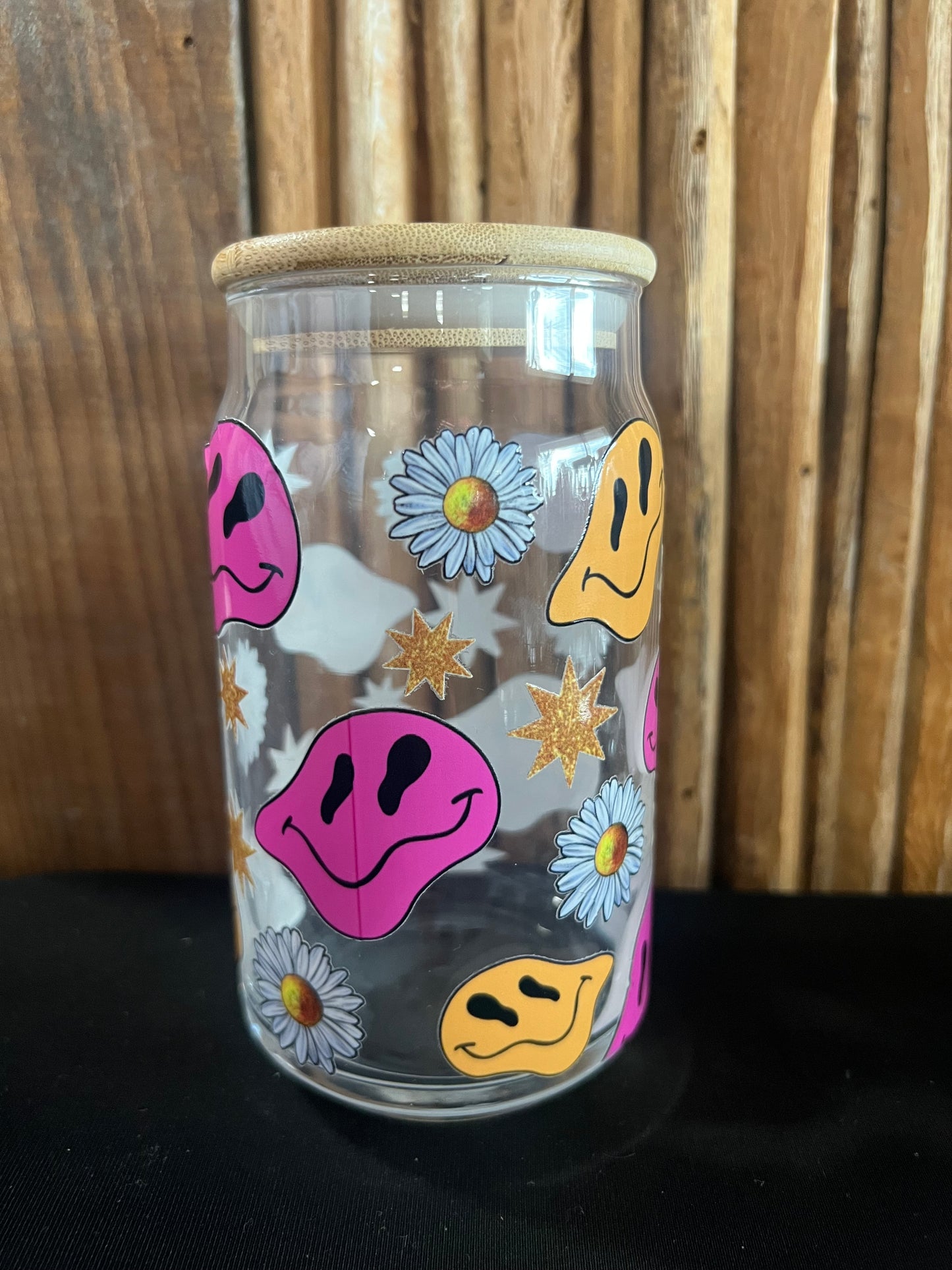 Pink and Yellow Smiley Face Glass