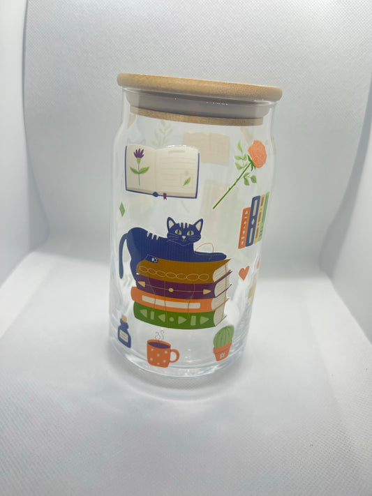 Cat On Books 16oz Glass Can Cup